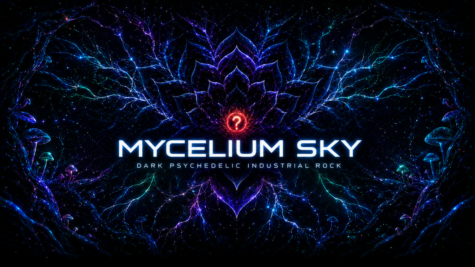 Mycelium Sky banner: symmetrical cyan and violet neural mycelium radiating through a pitch-black void, a red question-mark sigil at its heart